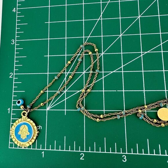 Hamsa Pendant with Evil Eye Dangle Bead Dainty Necklace Gold Plated Chain 17.5" - Picture 7 of 7